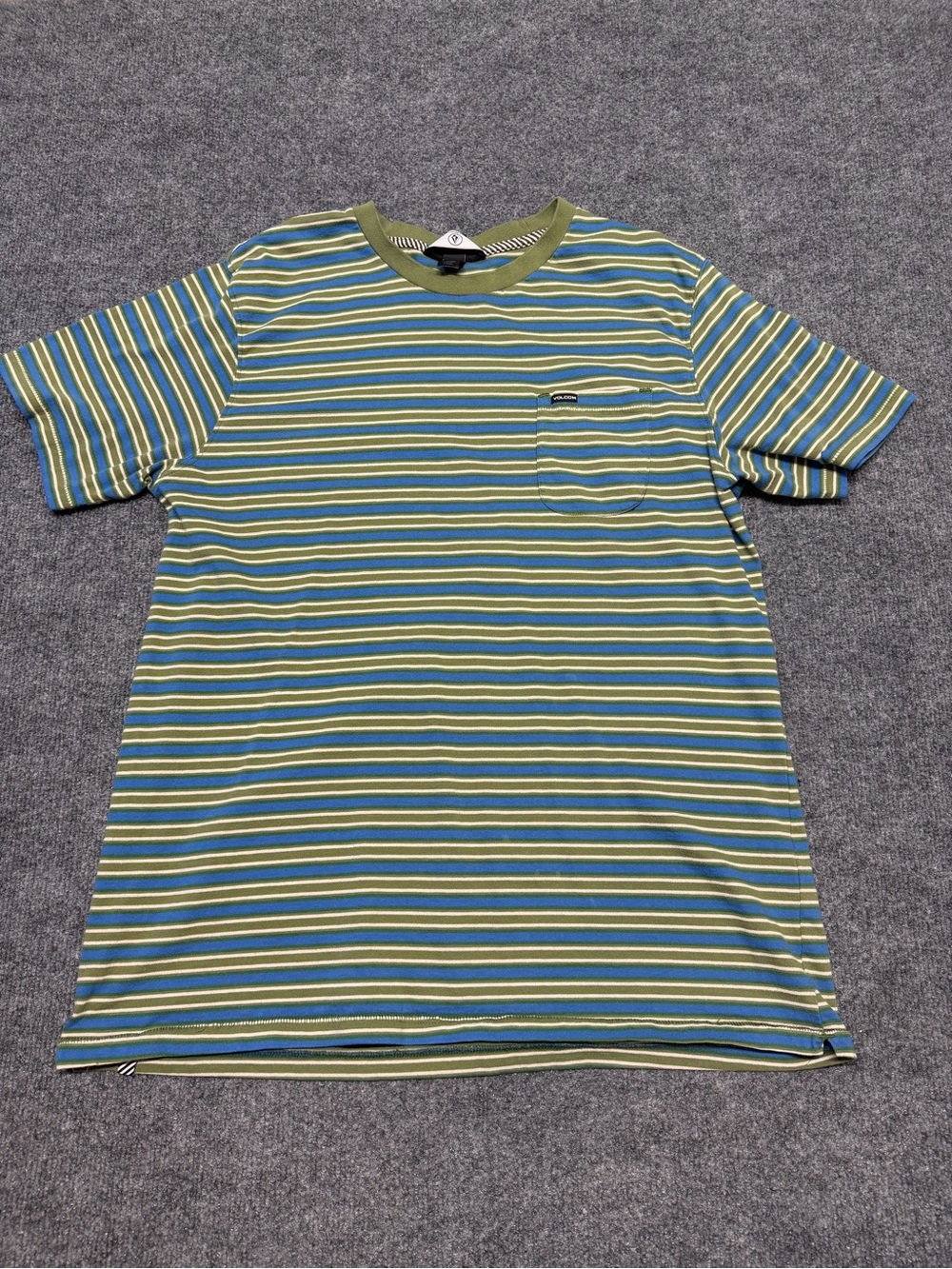 Volcom Olive, Blue & Yellow Striped Pocket Tee